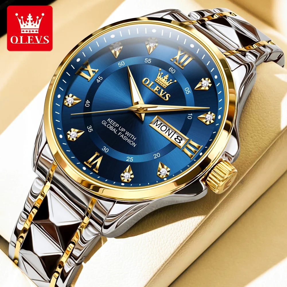 OLEVS High Quality Luxury Watches for Men Stainless Steel Dual Calendar Luminous Waterproof Quartz Fashion Business Man Watch - Qoraheyhub