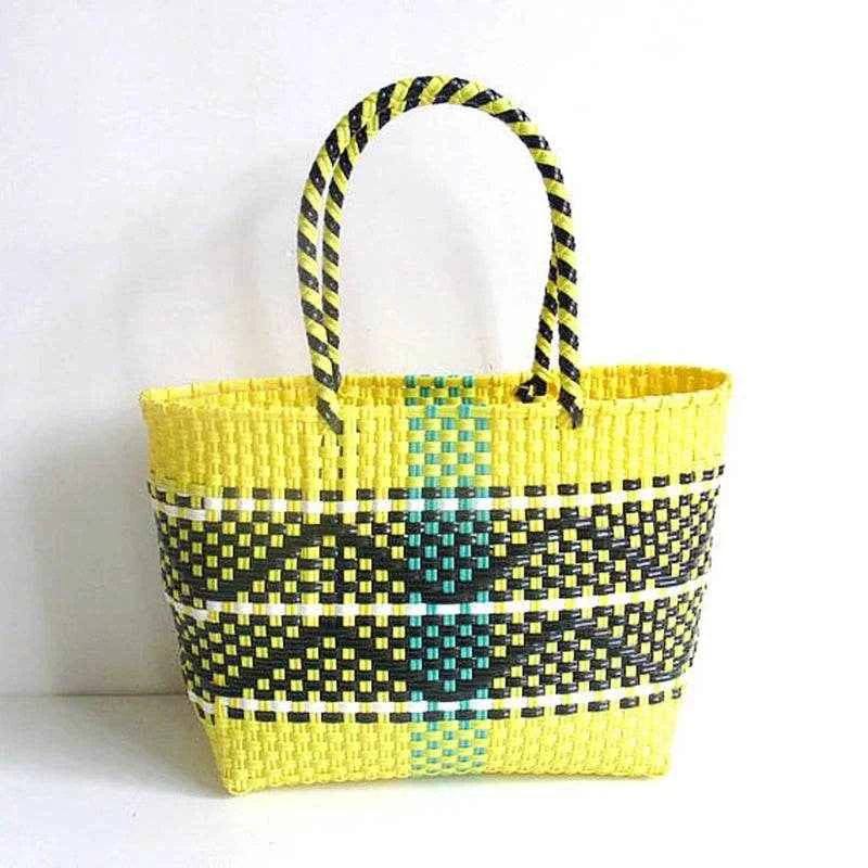 Plastic Woven Women's Handbag Handmade Bohemia Storage Basket Contrast Tote Bag Designer Summer Beach Bag Female Shoulder Bags