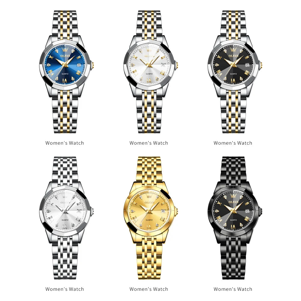 OLEVS Fashion Golden Watch for Women Stainless Steel Waterproof Women's Watches Elegant Original Luxury Ladies Quartz Wristwatch - Qoraheyhub