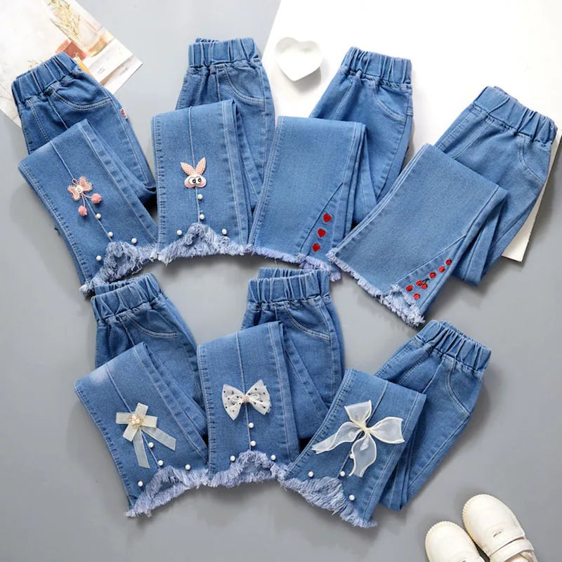 2024 New Autumn Elastic Kids Jeans Girls Cute Leisure Bow Denim Blue Children Flared Pants teenage Girl Clothes Trousers 3-12Y - Qoraheyhub