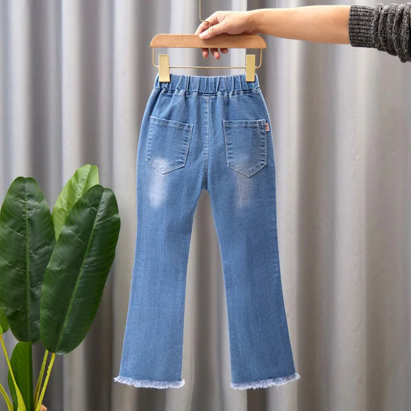 2024 New Autumn Elastic Kids Jeans Girls Cute Leisure Bow Denim Blue Children Flared Pants teenage Girl Clothes Trousers 3-12Y - Qoraheyhub