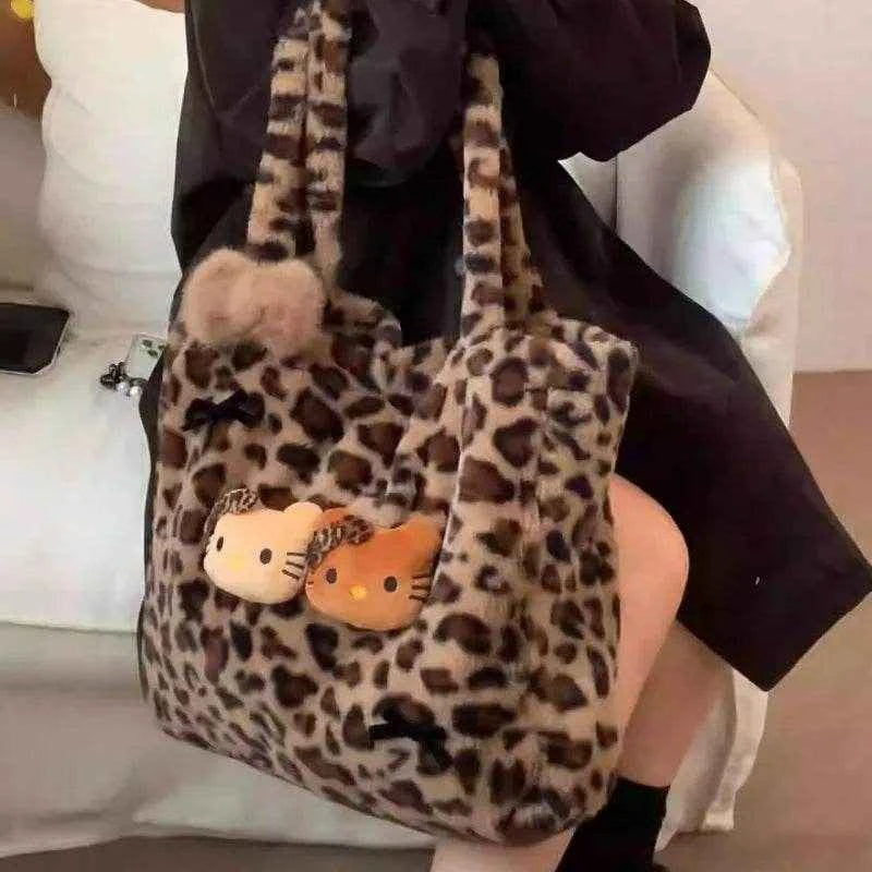 Xiuya Y2k Vintage Womens Shoulder Bag Hello Kitty Leopard Print Fashion Tote Bag Cute Bow Plush Large Capacity Ladies Handbag