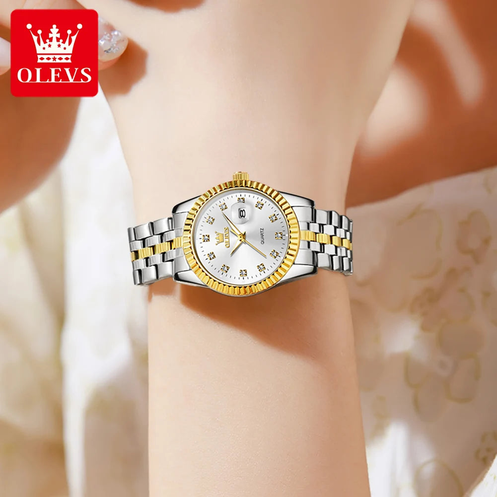 OLEVS 5526 Quartz Elegant Dress Wristwatch Luxury Stainless Steel Waterproof Watch For Women Date Display Original Woman Watches - Qoraheyhub