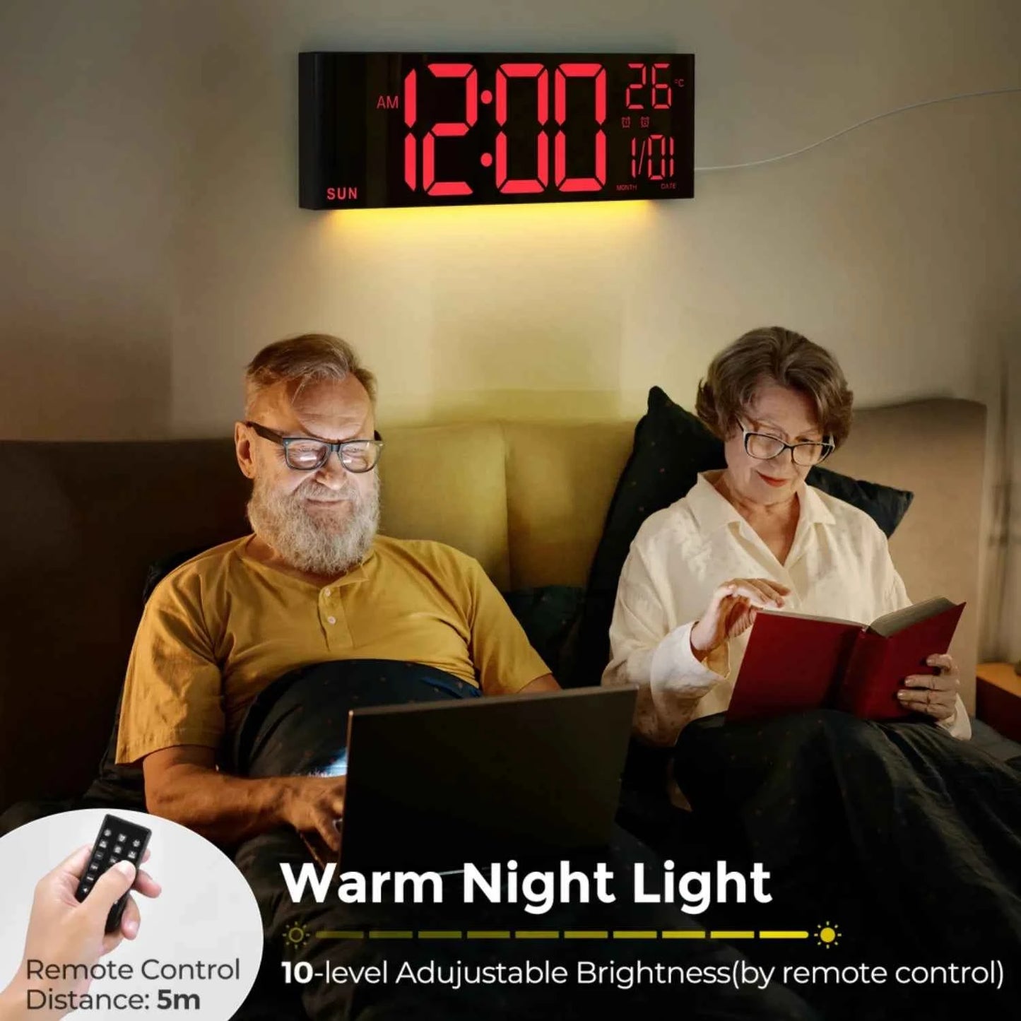 Mpow 16" Large Digital Wall Clock with Remote Control,Alarm Clock for Bedroom,10 Brightness Dimmer, 8 Colors,Auto DST, ℃/℉,Timer