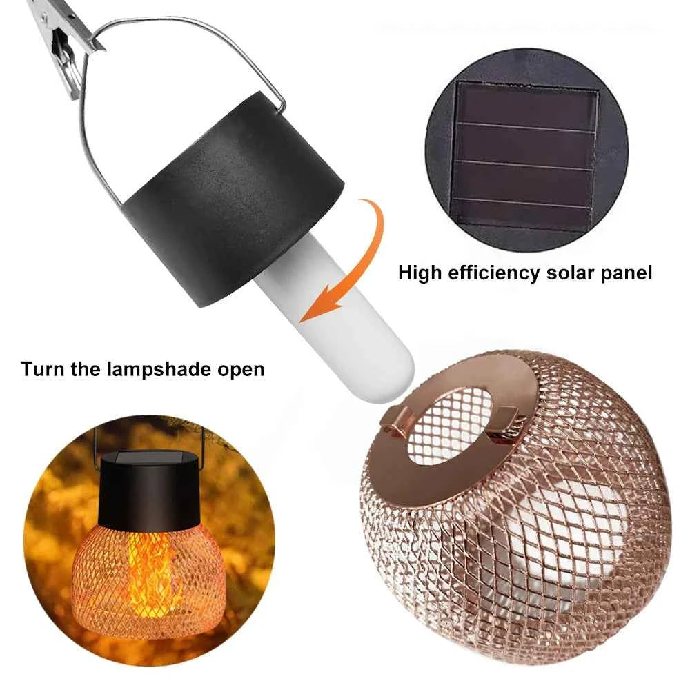 LED Outdoor Flame Effect Hanging Lantern Ball Lamp Retro Waterproof Solar Powered Lights Courtyard Garden Path Camping Decoratio