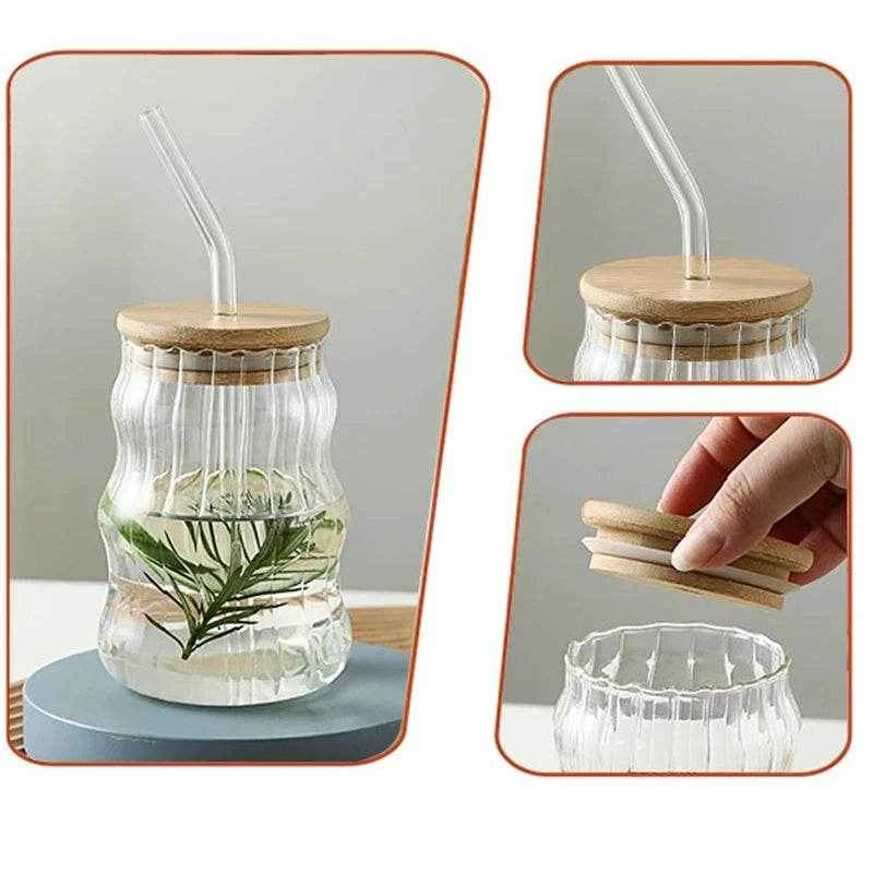 1/2pcs 500ml Glass Tumblers Cups With Straw Mason Jar Clear Juice Coffee Milk Cup With Bamboo Lids Drinkware Stripe Beer Mug