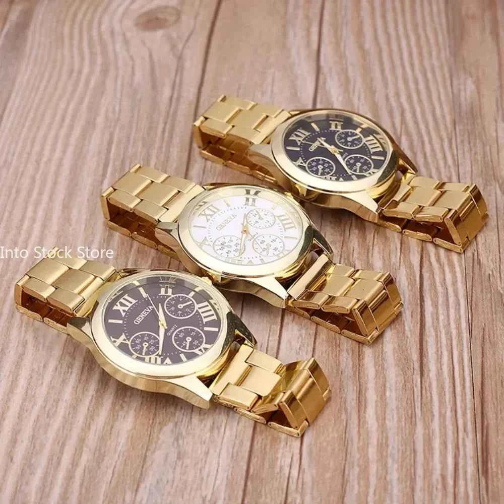 New Brand 3 Eyes Gold Casual Quartz Watch Men Stainless Steel Dress Wristwatch Reloj Hombre Men Clock Relogios Masculino Montre
