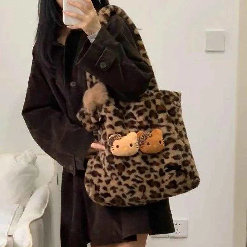 Xiuya Y2k Vintage Womens Shoulder Bag Hello Kitty Leopard Print Fashion Tote Bag Cute Bow Plush Large Capacity Ladies Handbag