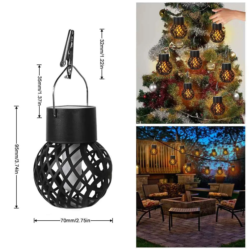 LED Outdoor Flame Effect Hanging Lantern Ball Lamp Retro Waterproof Solar Powered Lights Courtyard Garden Path Camping Decoratio