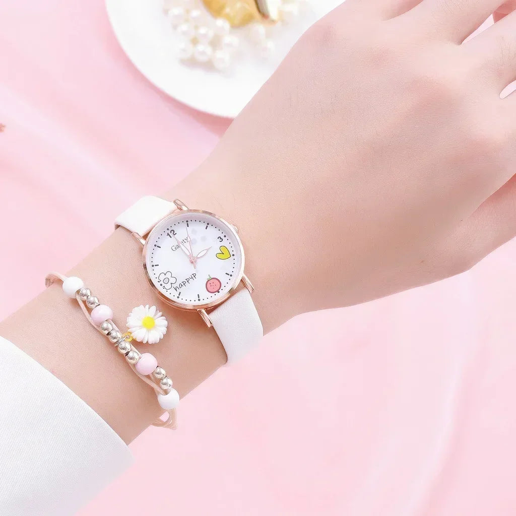 Kids Watches Pink Cute Children's Wristwatch Cartoon Pattern Quartz Watch Set for Girls Fashion Students' Clock Relogio Feminino - Qoraheyhub