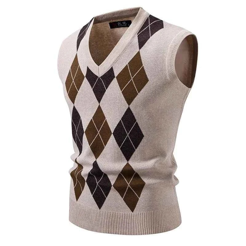 Qoraheyhub Mens Streetwear Knitted Tank Top - Argyle Style