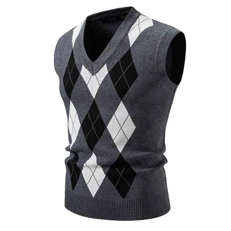 Qoraheyhub Mens Streetwear Knitted Tank Top - Argyle Style
