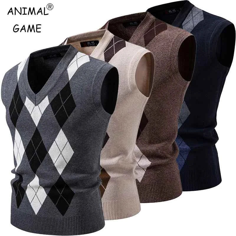 Qoraheyhub Mens Streetwear Knitted Tank Top - Argyle Style