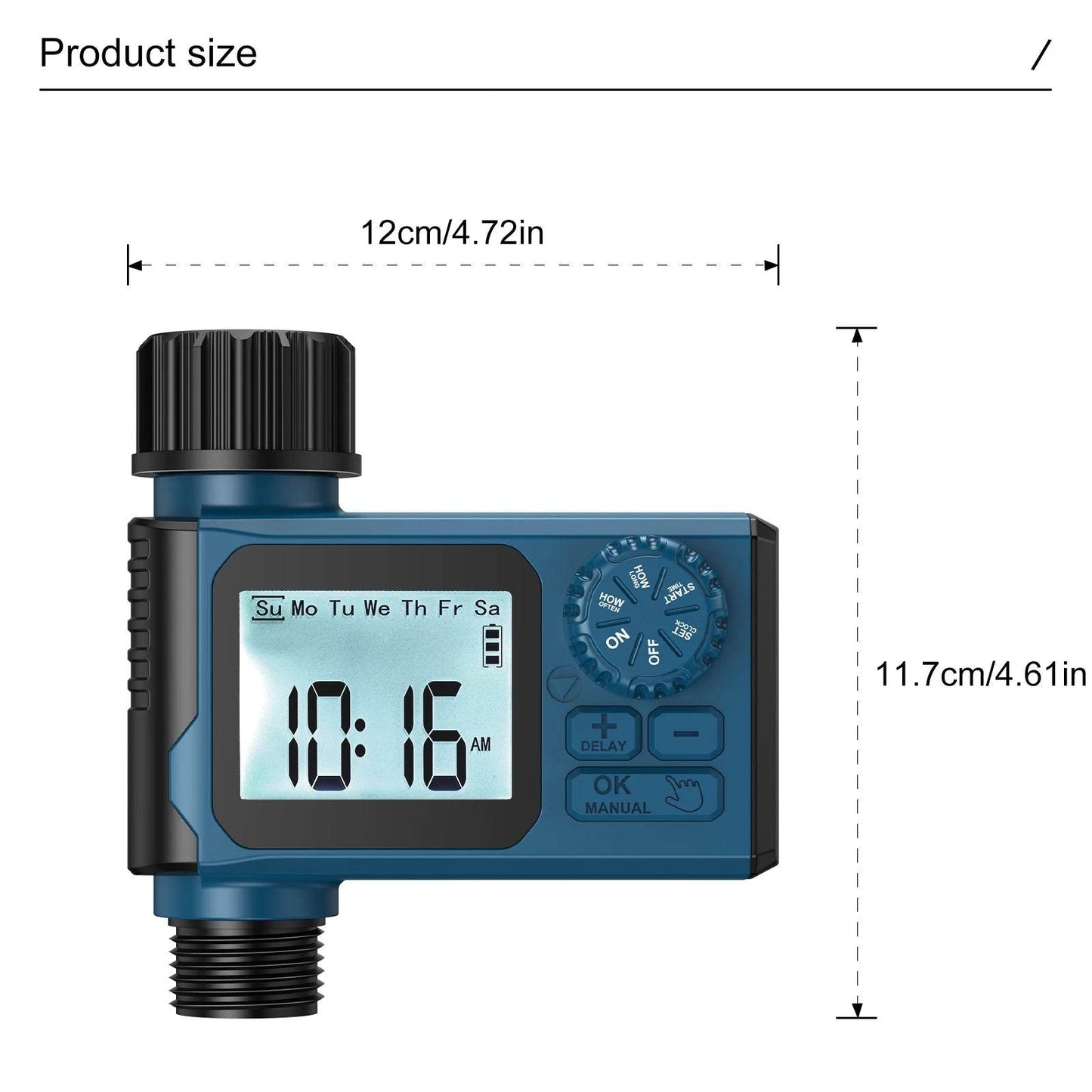 Blue automatic sprinkler timer with digital display and control knob showing size dimensions