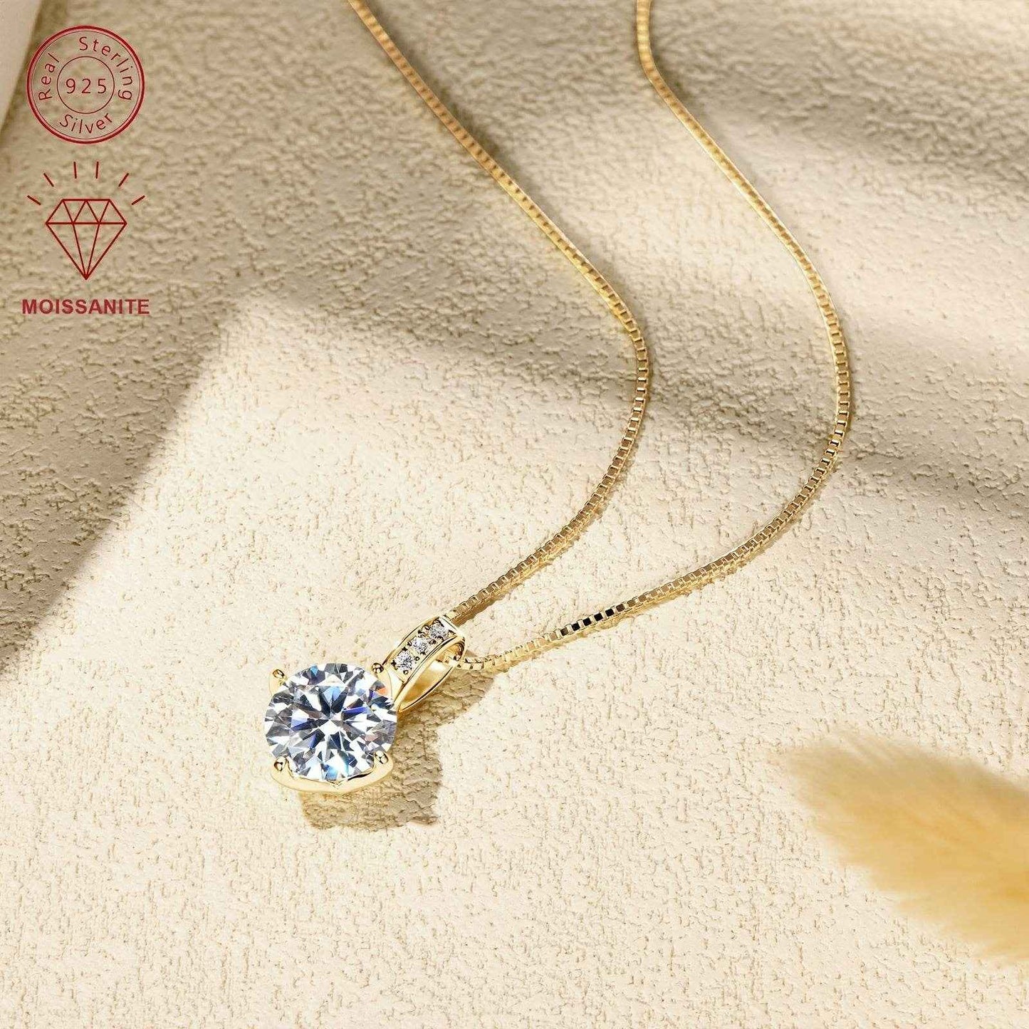 Elegant 1.0/2.0/3.0 Carat D Color Round Moissanite Pendant Necklace, 925 Sterling Silver with 14K Golden Plating, Adjustable Box Chain, April Birthstone, Synthetic Stone, Luxury Daily & Gift Jewelry, 0.8g