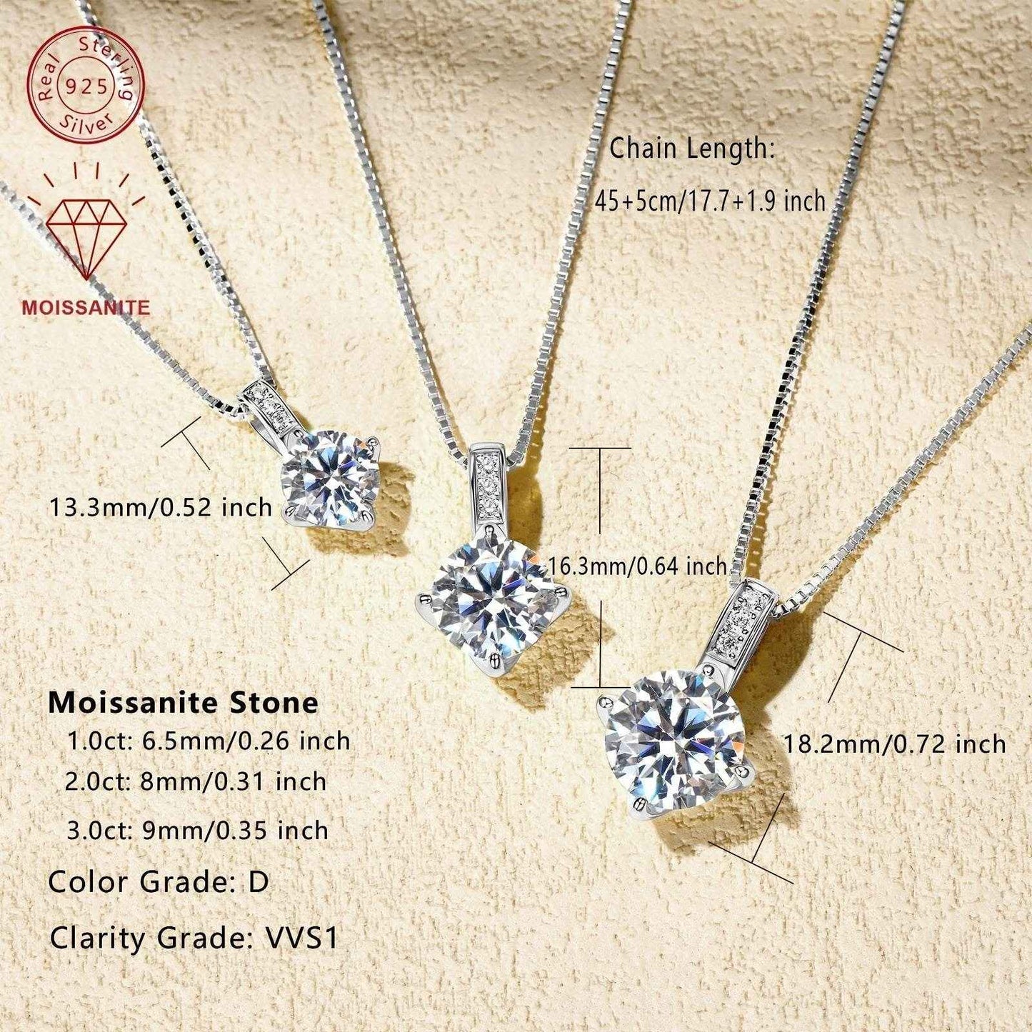 Elegant 1.0/2.0/3.0 Carat D Color Round Moissanite Pendant Necklace, 925 Sterling Silver with 14K Golden Plating, Adjustable Box Chain, April Birthstone, Synthetic Stone, Luxury Daily & Gift Jewelry, 0.8g