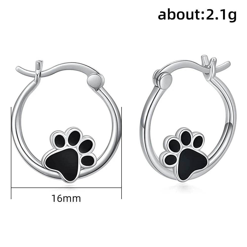 Silver cat claw hoop earrings with black paw charm 16mm diameter lightweight 2.1g