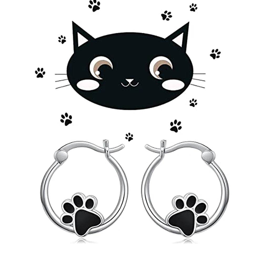 Silver cat claw hoop earrings featuring black paw charm on round hoop from Jewelrieshub