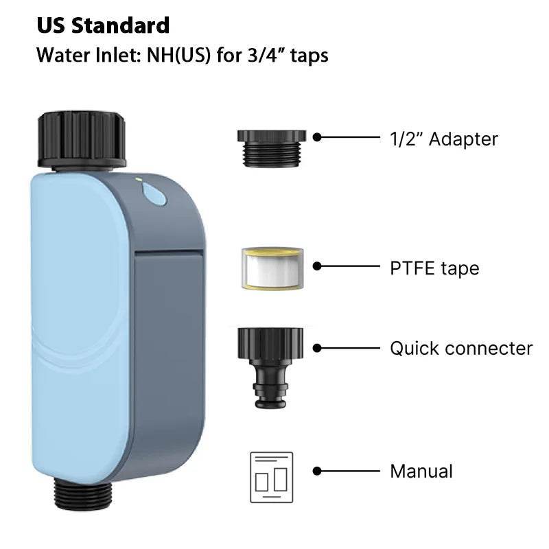 Smart wifi garden watering timer with 34 inch water inlet adapter and quick connecter included
