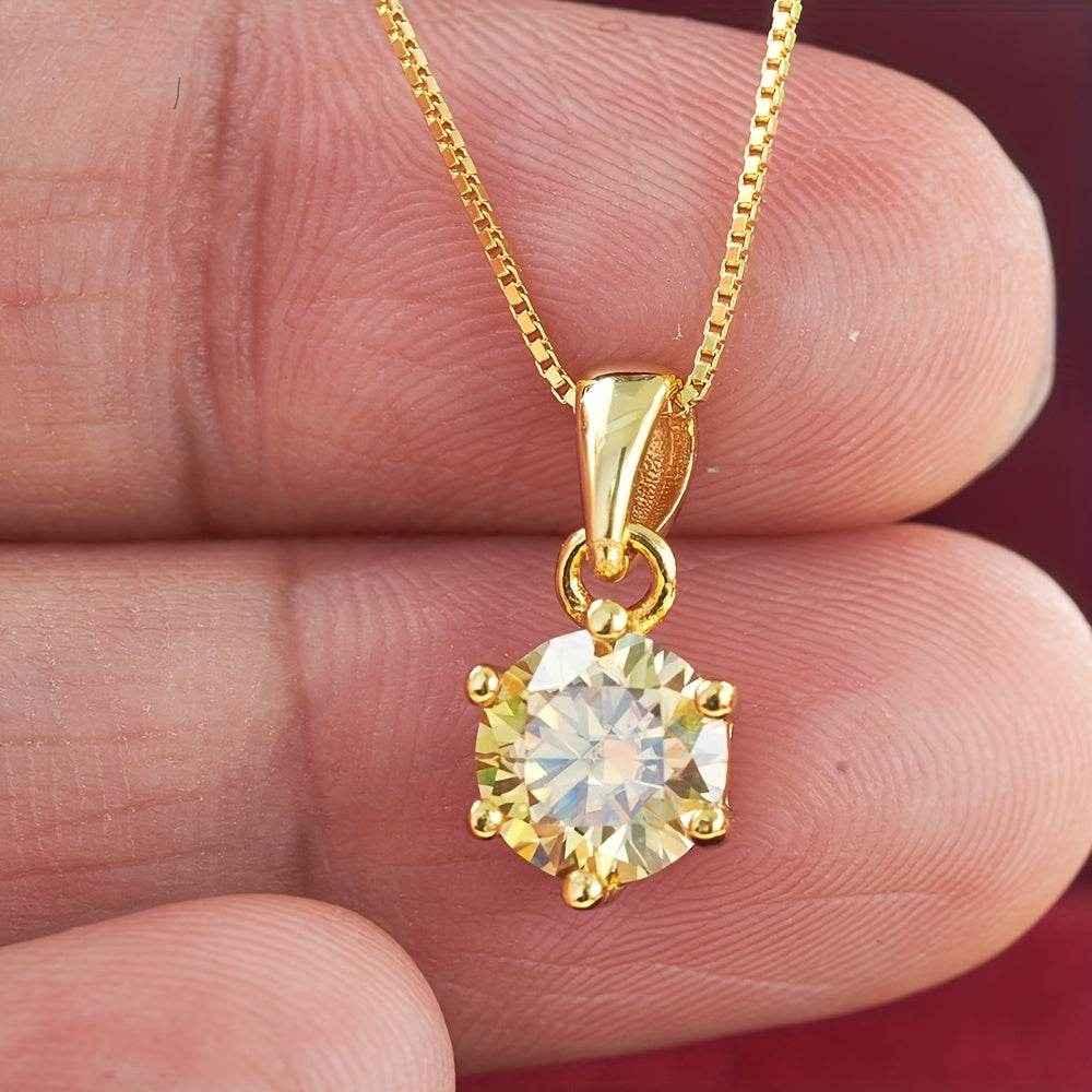 1 Carat Moissanite Pendant Necklace, 6.5mm, 925 Sterling Silver, 14K Golden Plated, Elegant Fashion Jewelry for Women, Ideal for Daily Wear and Gift Giving, Mother's Day, Valentine's, Engagement, Wedding, Anniversary, Birthda