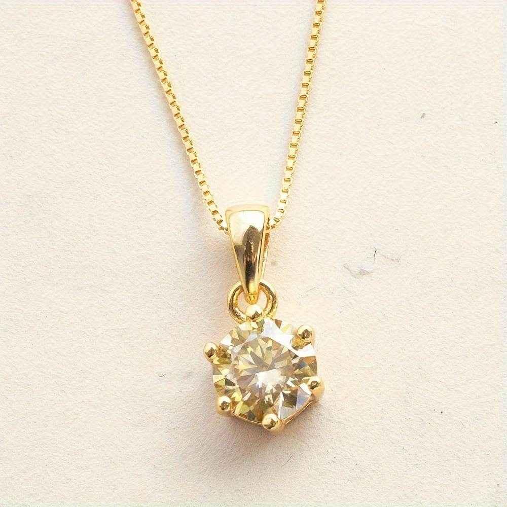 1 Carat Moissanite Pendant Necklace, 6.5mm, 925 Sterling Silver, 14K Golden Plated, Elegant Fashion Jewelry for Women, Ideal for Daily Wear and Gift Giving, Mother's Day, Valentine's, Engagement, Wedding, Anniversary, Birthda