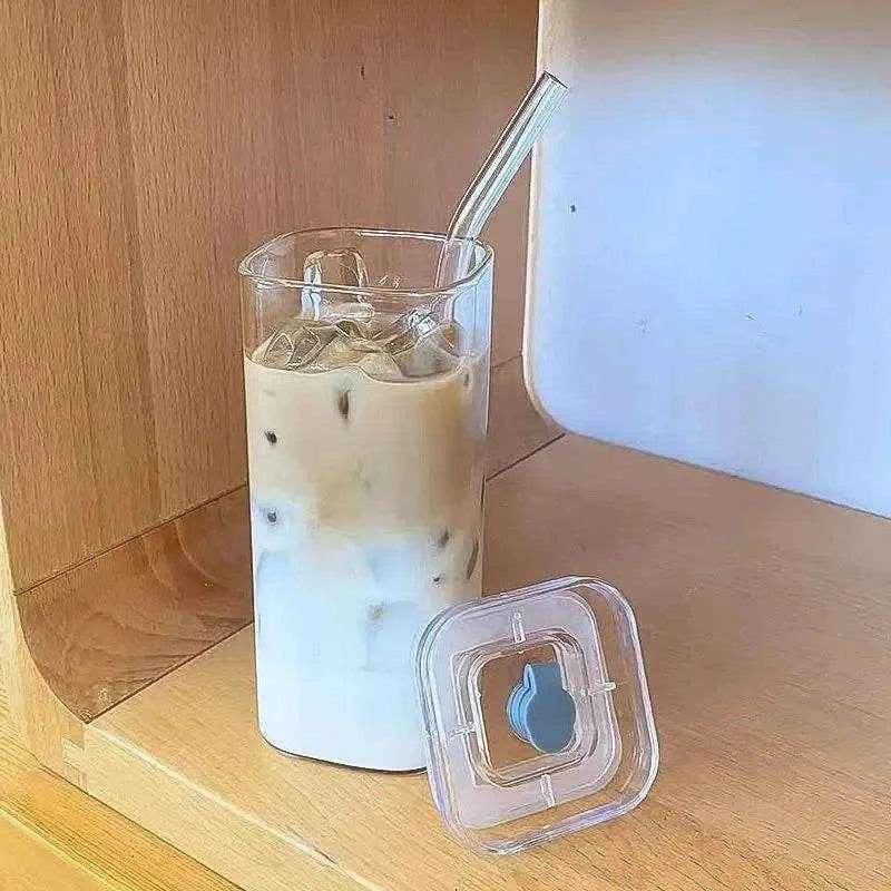Qoraheyhub Heat Resistant Coffee Glass Cup with Lid & Straw