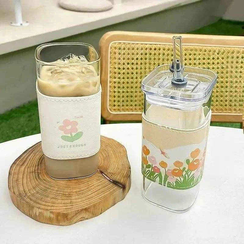 Qoraheyhub Heat Resistant Coffee Glass Cup with Lid & Straw