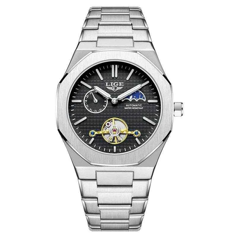 LIGE Luxury Tourbillon Watches for Men - Silver Steel