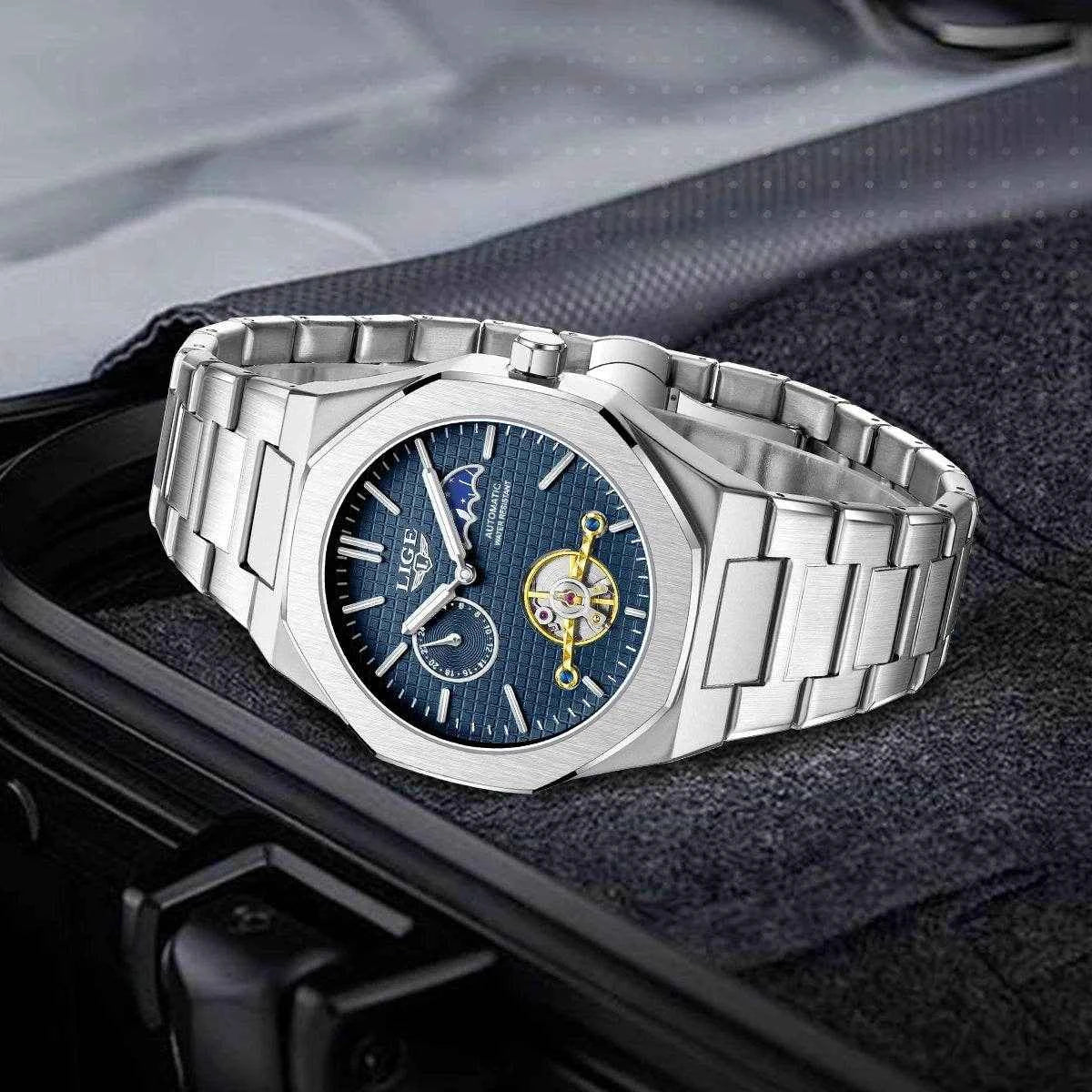 LIGE Luxury Tourbillon Watches for Men - Silver Steel