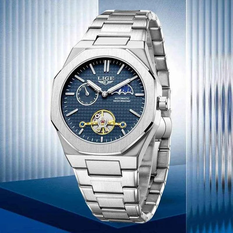 LIGE Luxury Tourbillon Watches for Men - Silver Steel