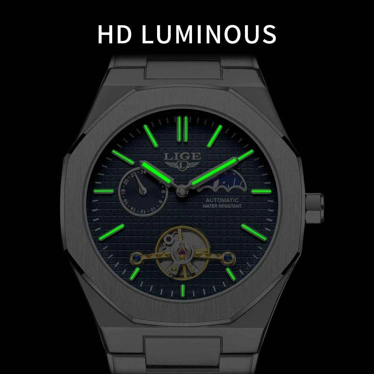 LIGE Luxury Tourbillon Watches for Men - Silver Steel