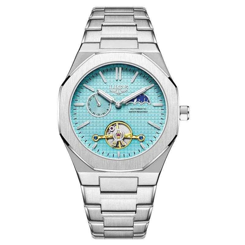 LIGE Luxury Tourbillon Watches for Men - Silver Steel