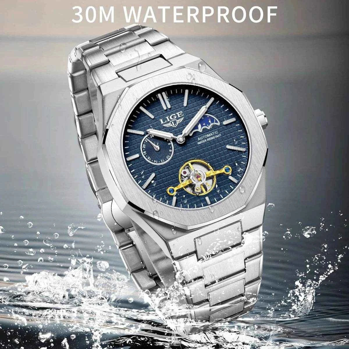 LIGE Luxury Tourbillon Watches for Men - Silver Steel