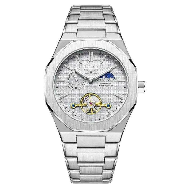 LIGE Luxury Tourbillon Watches for Men - Silver Steel