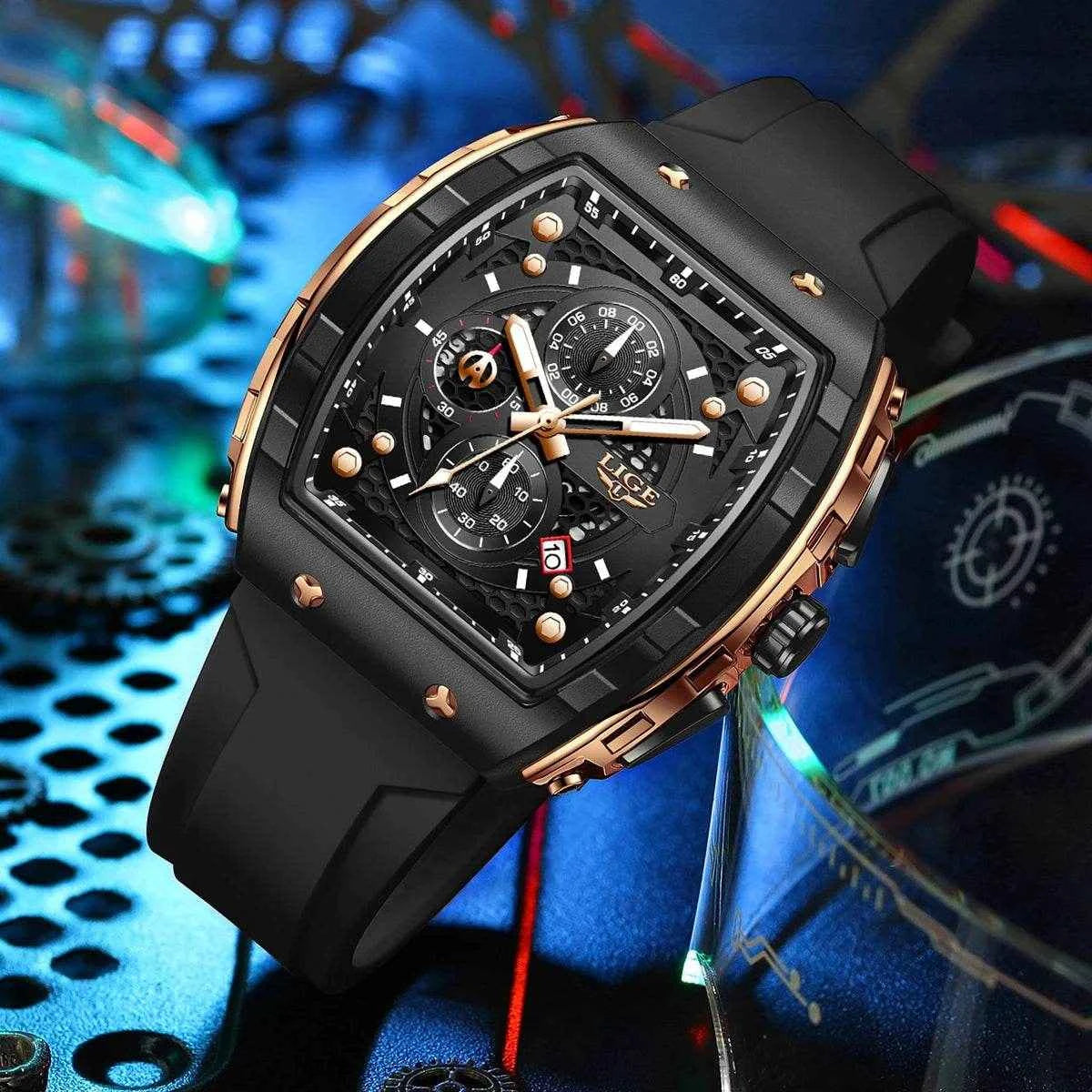 LIGE Waterproof Silicone Strap Men's Watch Stylish Chronograph