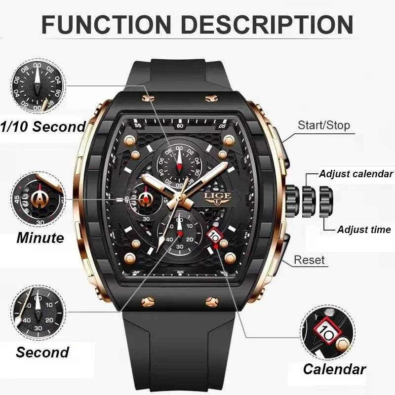 LIGE Waterproof Silicone Strap Men's Watch Stylish Chronograph