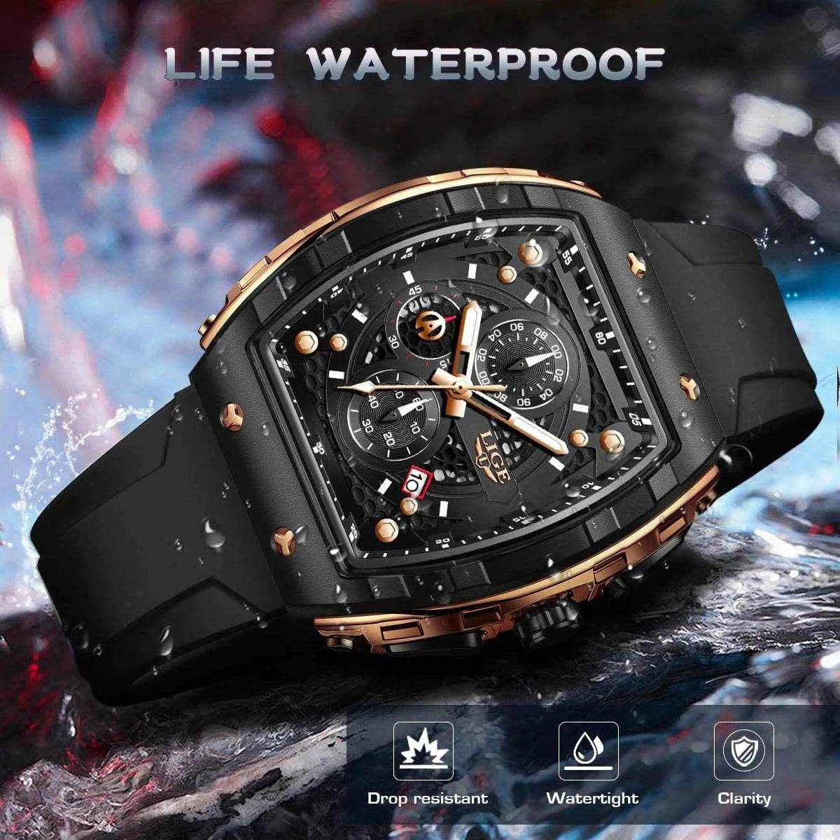 LIGE Waterproof Silicone Strap Men's Watch Stylish Chronograph