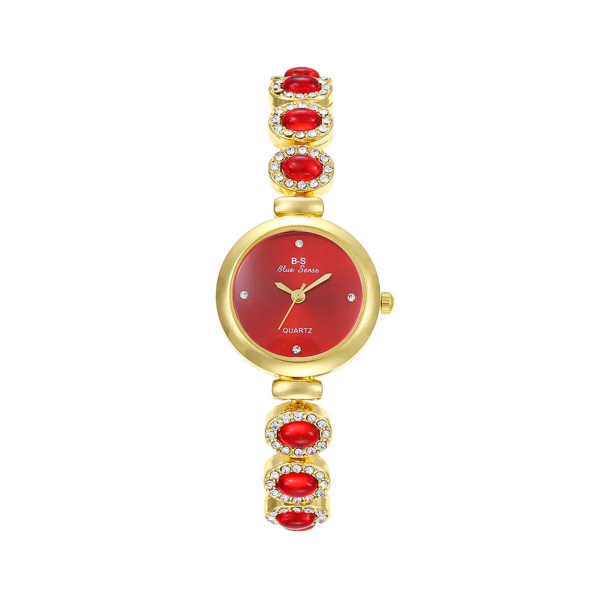 Gold watch with red dial and red gemstone bracelet by Qoraheyhub luxury green bracelet watch for women