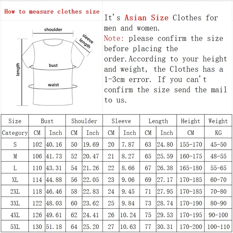 Size chart for men's oversized cotton t-shirt detailing bust, shoulder, sleeve, length measurements in CM and inches