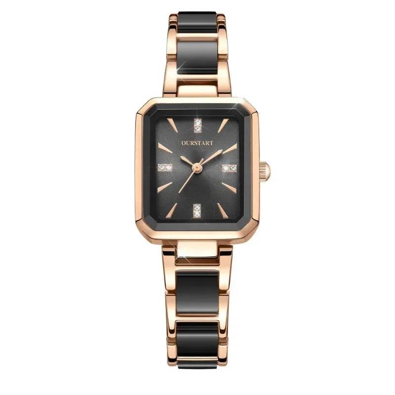 Qoraheyhub luxury women square dial watch with black face and rose gold band