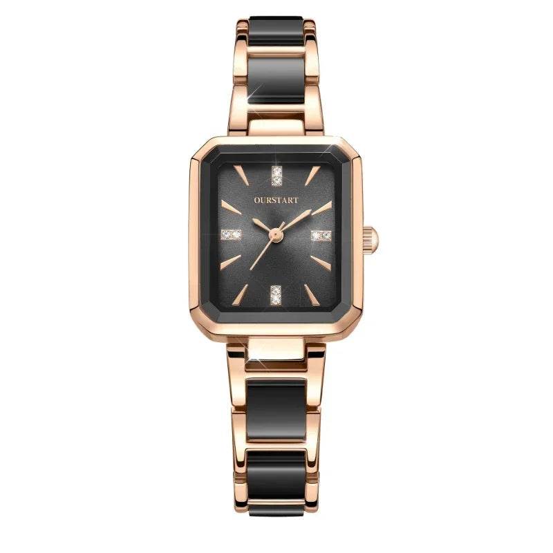 Luxury women square dial watch with black and rose gold bracelet by Qoraheyhub