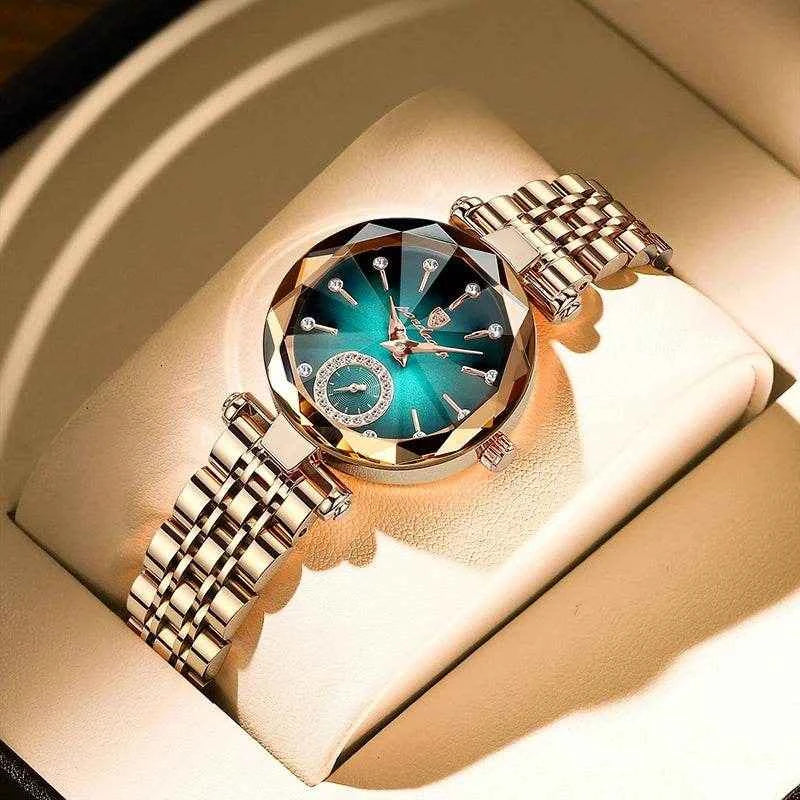 Qoraheyhub Rose Gold Mesh Bracelet Watch with Green Dial