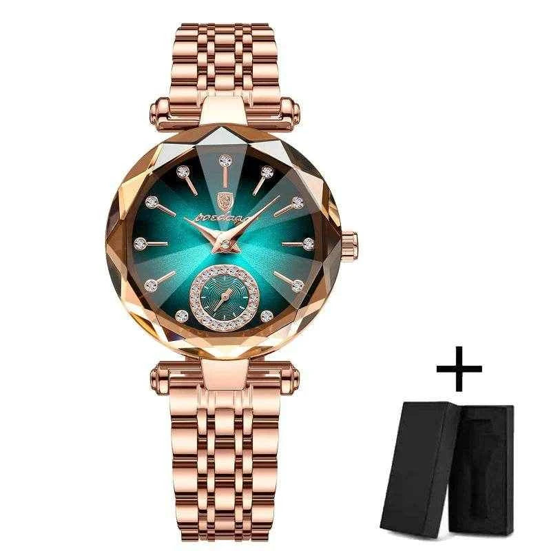 Qoraheyhub Rose Gold Mesh Bracelet Watch with Green Dial