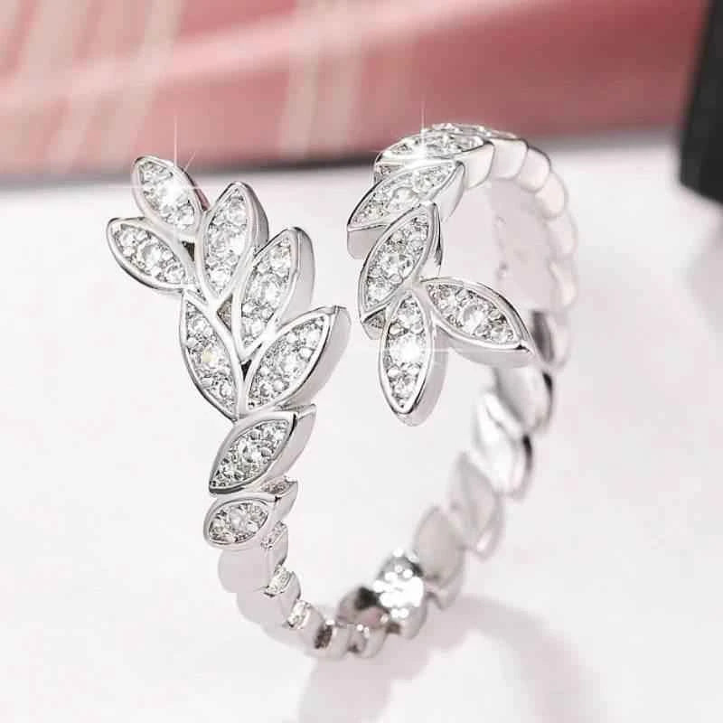 Jewelrieshub Leaf Shaped Adjustable Ring with Crystals