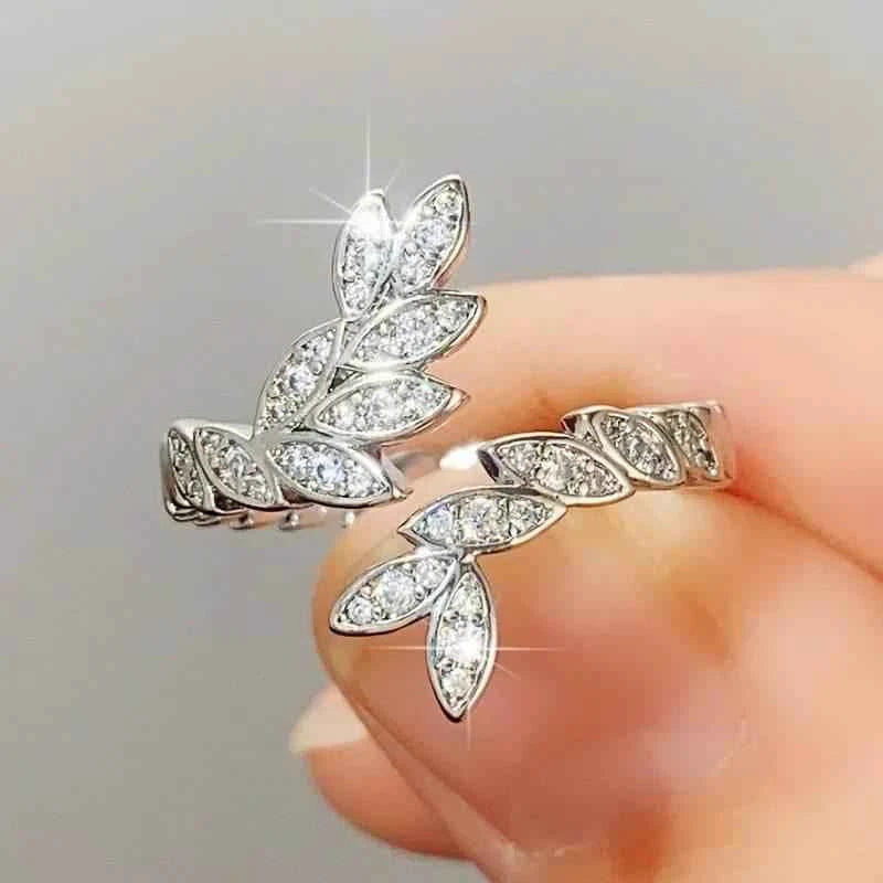 Jewelrieshub Leaf Shaped Adjustable Ring with Crystals