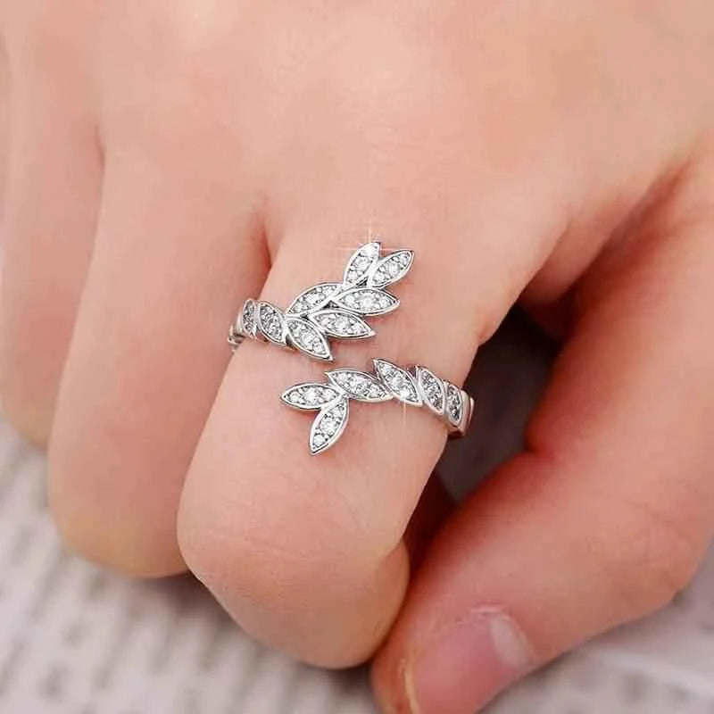 Jewelrieshub Leaf Shaped Adjustable Ring with Crystals