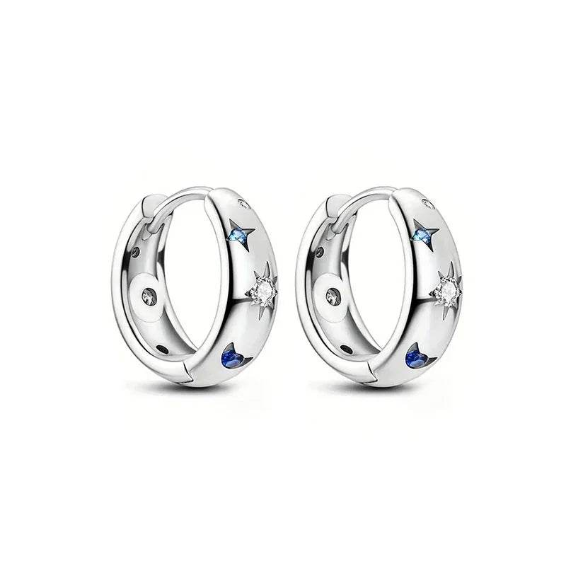 Jewelrieshub silver hoop star moon circle earrings with blue and clear gemstone accents