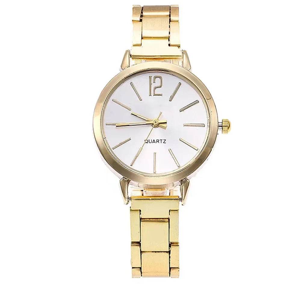 Simple stainless steel ladies watch with gold-tone band and white dial from Qoraheyhub