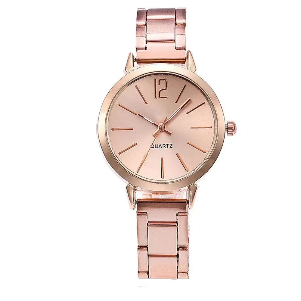 Simple stainless steel ladies watch in rose gold with minimalist dial and quartz movement