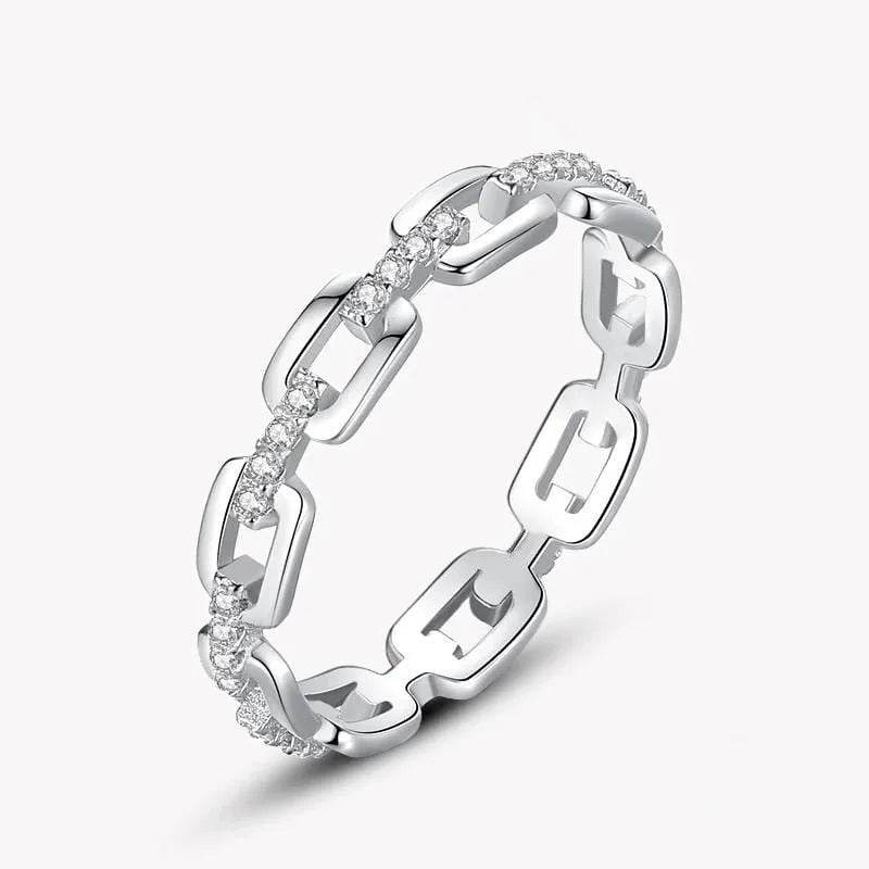 Jewelrieshub women's silver chain shape accessory ring with sparkling stones and geometric links